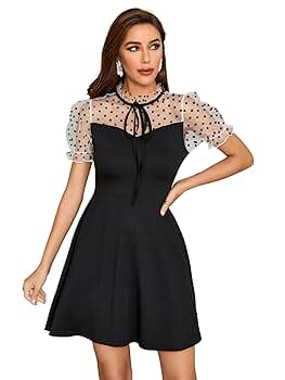 【I AM MARI】Vient Collar Wrap Puffed Sleeved Flared Dress WDIRARA Women's Polka Dot Mesh Puff Sleeve Knot Front High